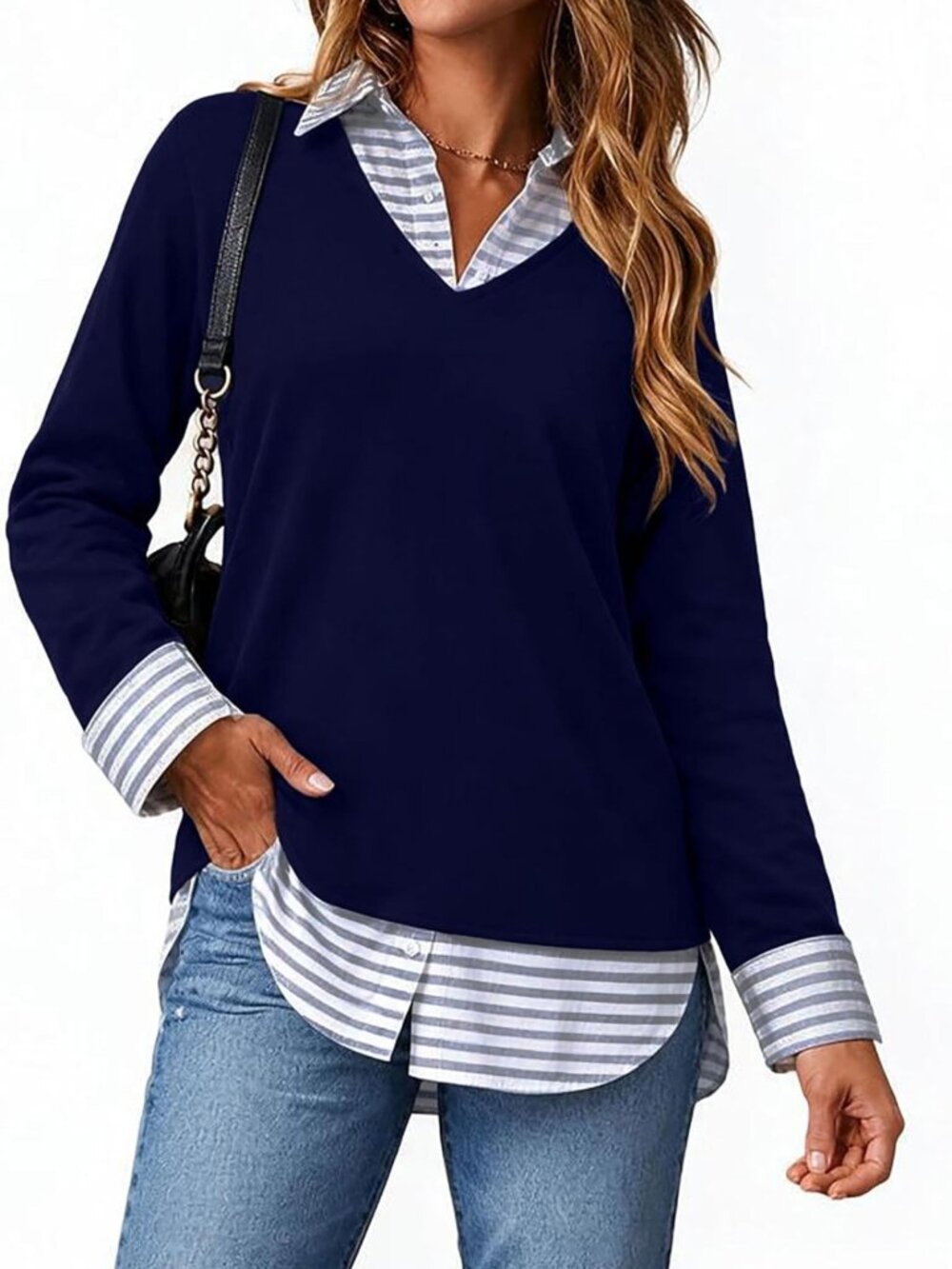Casual Collared 2-in-1 Pullover Top, Plaid Contrast Blouse, Curved Hem Shirt